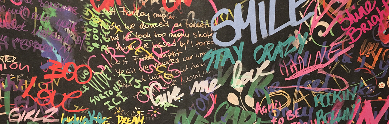 colorful graffiti words on chalkboard backdrop